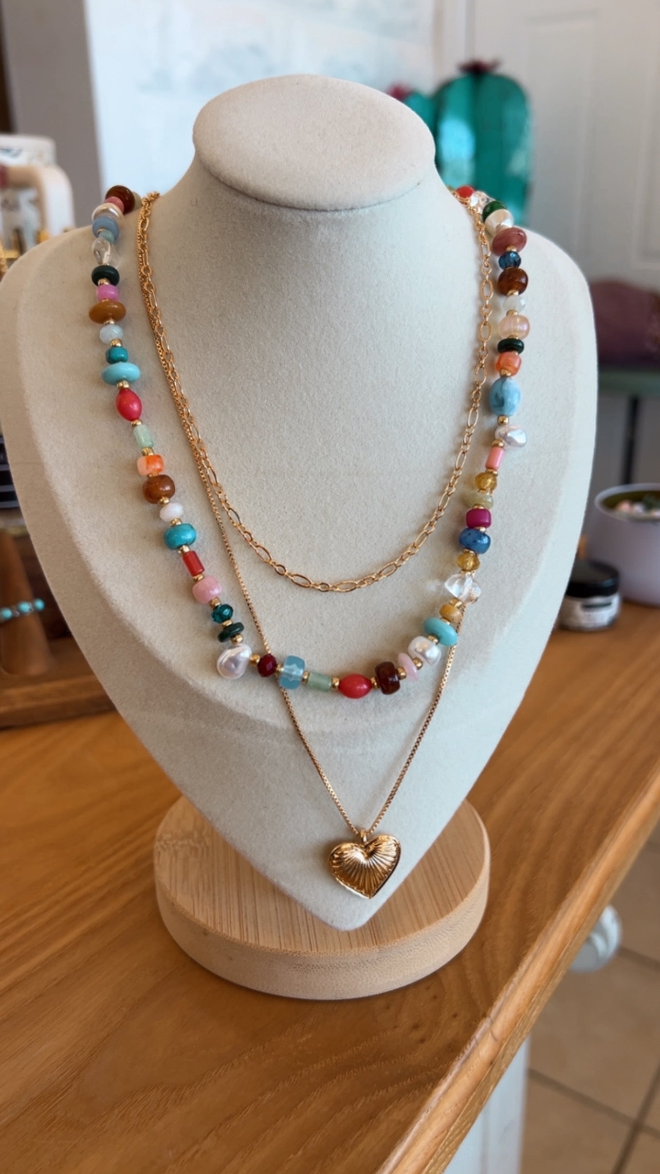 Multi Layer Beaded Heart Charm Necklace