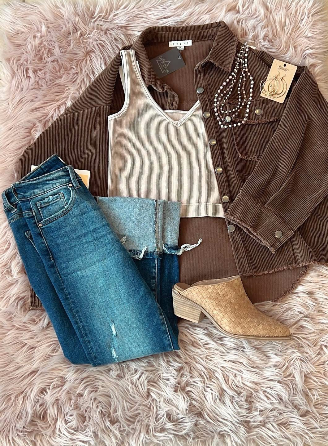 HYFVE Washed Brown Corduroy Frayed Shacket