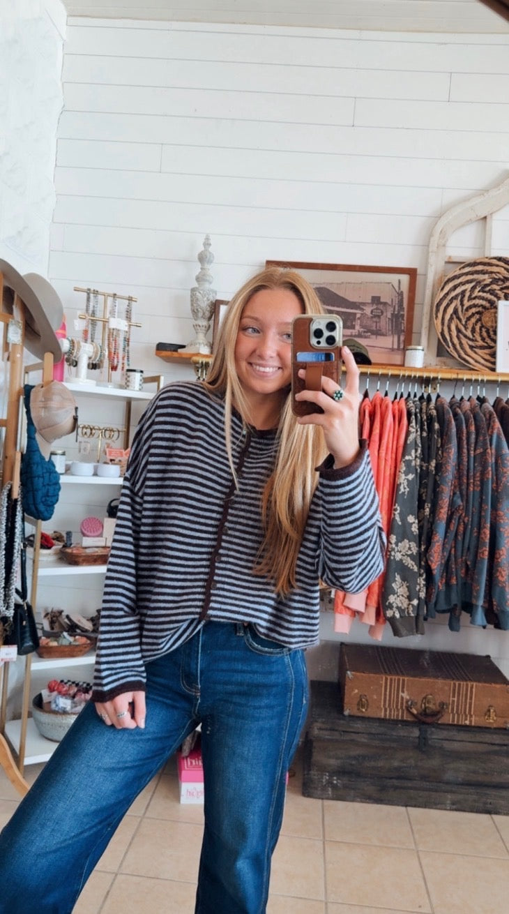 Stripe Raw Edge Button Down Longsleeve Cardigan
