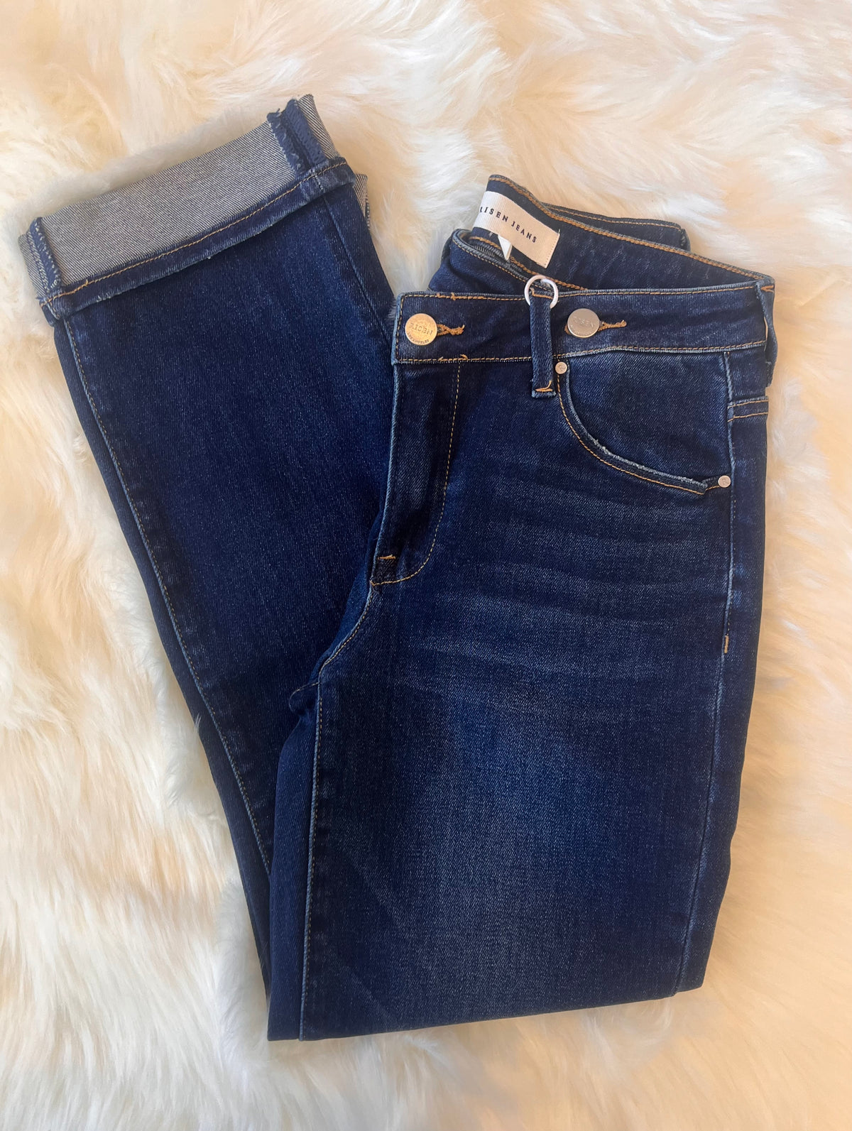 Risen High Rise Dark Cross Over Straight Leg Jeans