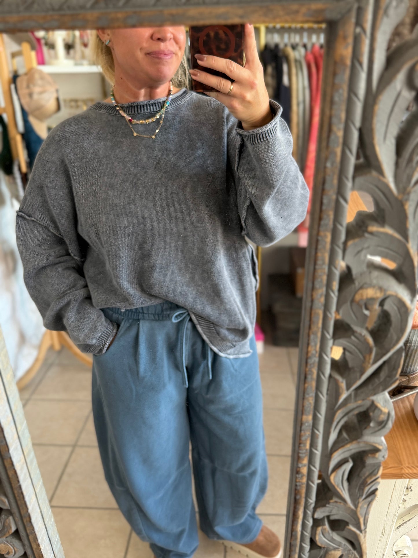 Washed Raw Edge Crew Neck Sweater