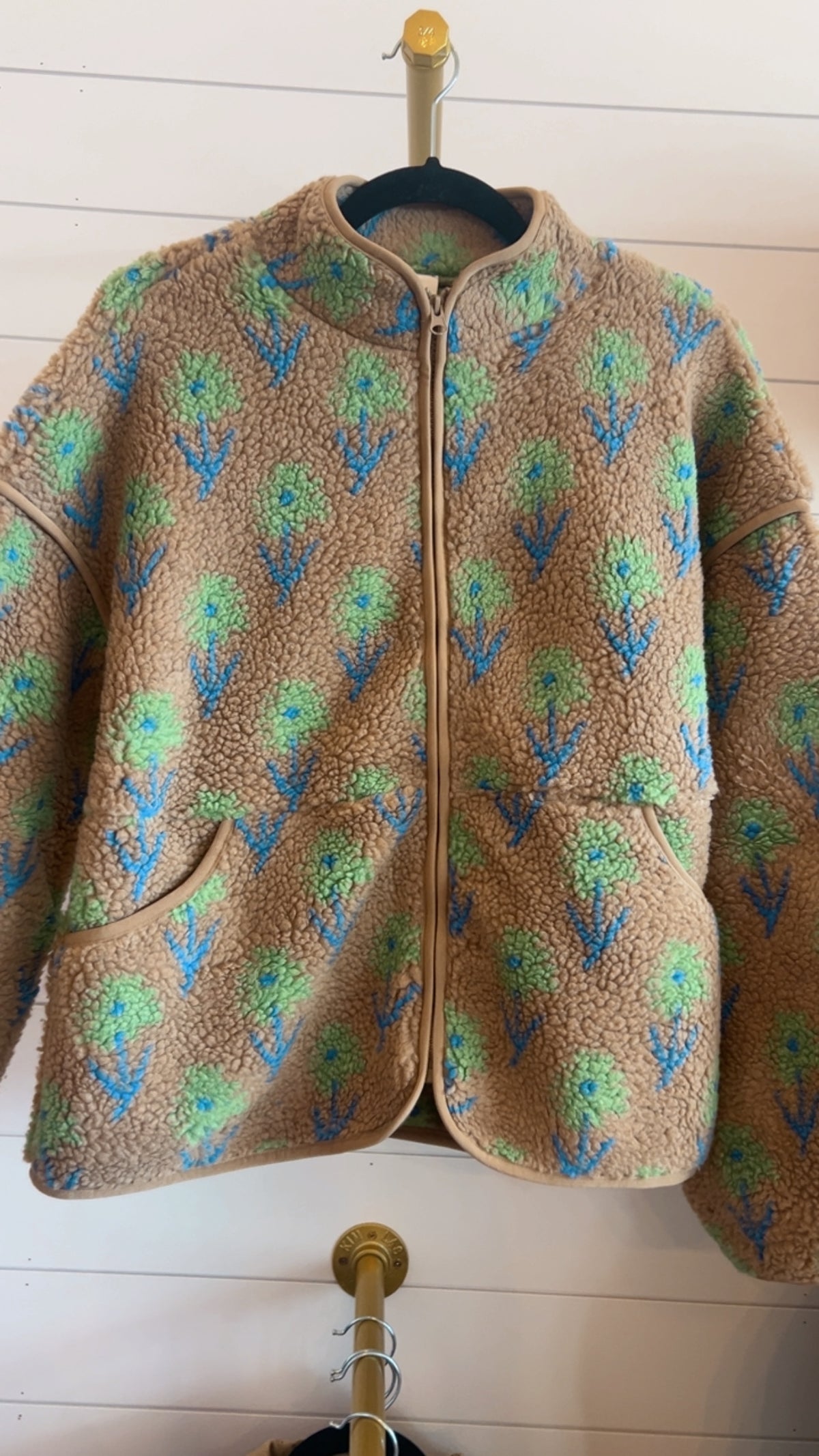 Oversized Floral Print Fleece Sherpa Jacket