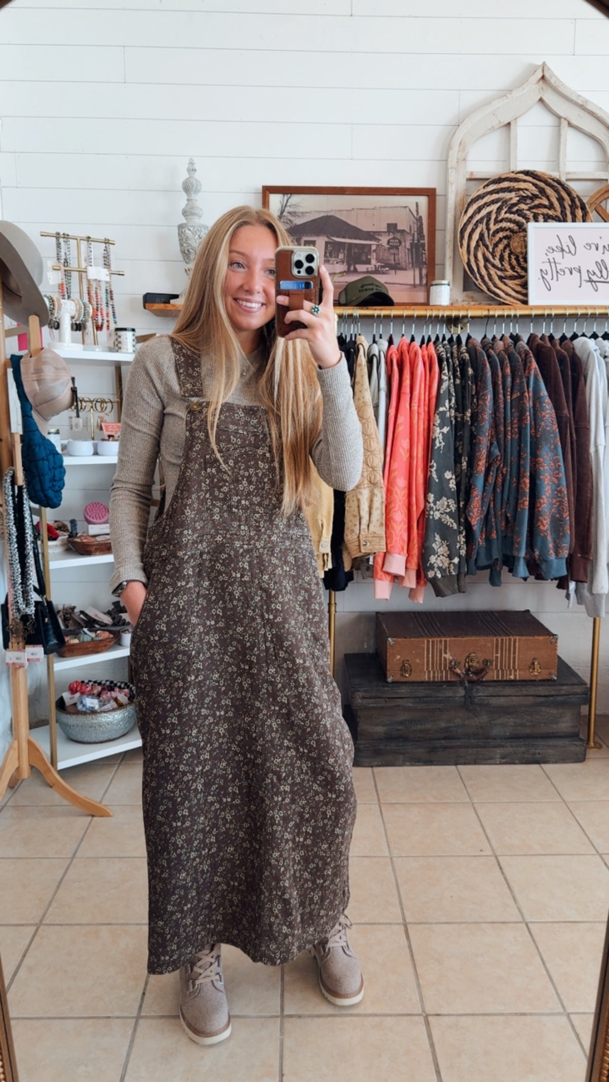 Floral Garment Wash Overall Dress