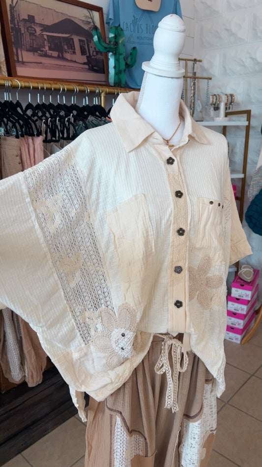 Floral Patchwork Lace Button Down Top