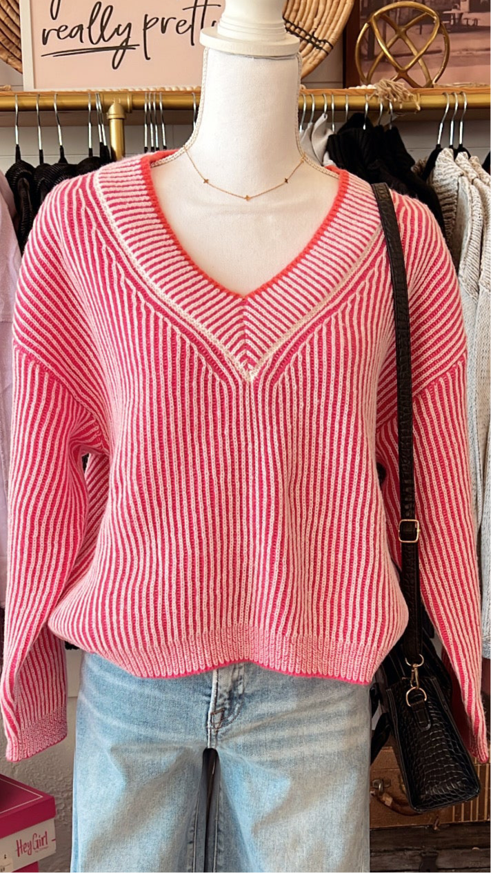 Ribbed V Neck Knit Sweater