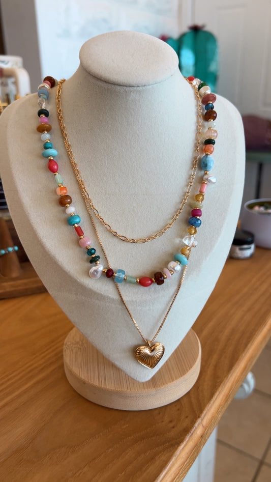 Multi Layer Beaded Heart Charm Necklace