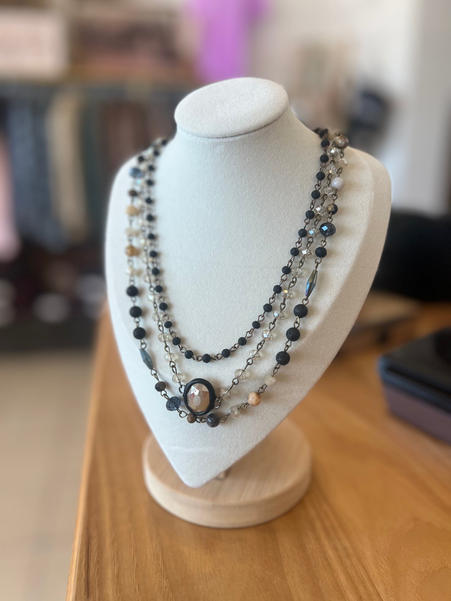 Triple Layered Mixed Glass Bead and Stone Necklace