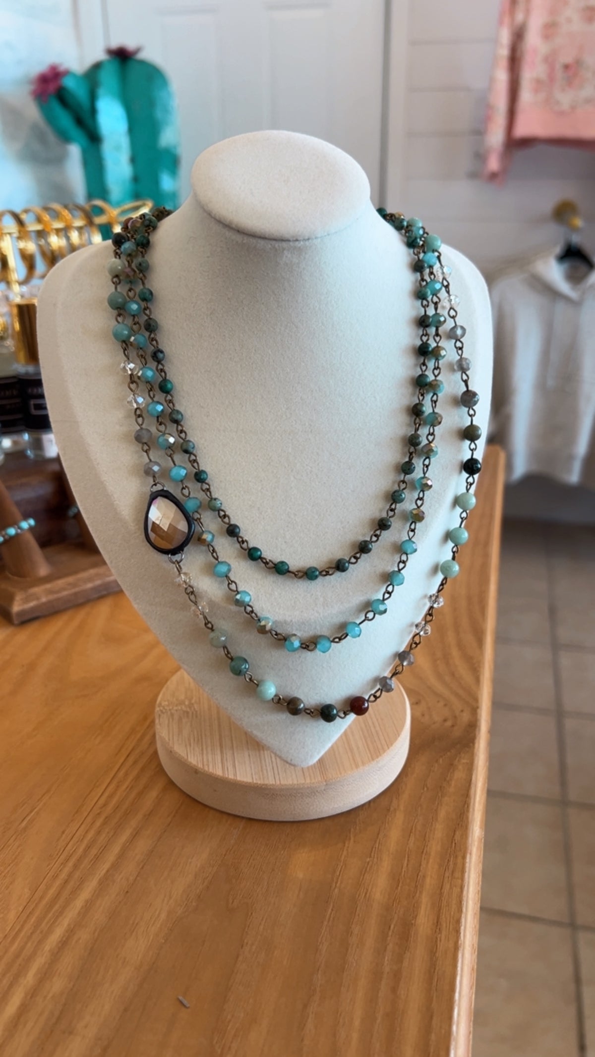 Triple Layered Mixed Glass Bead and Stone Necklace