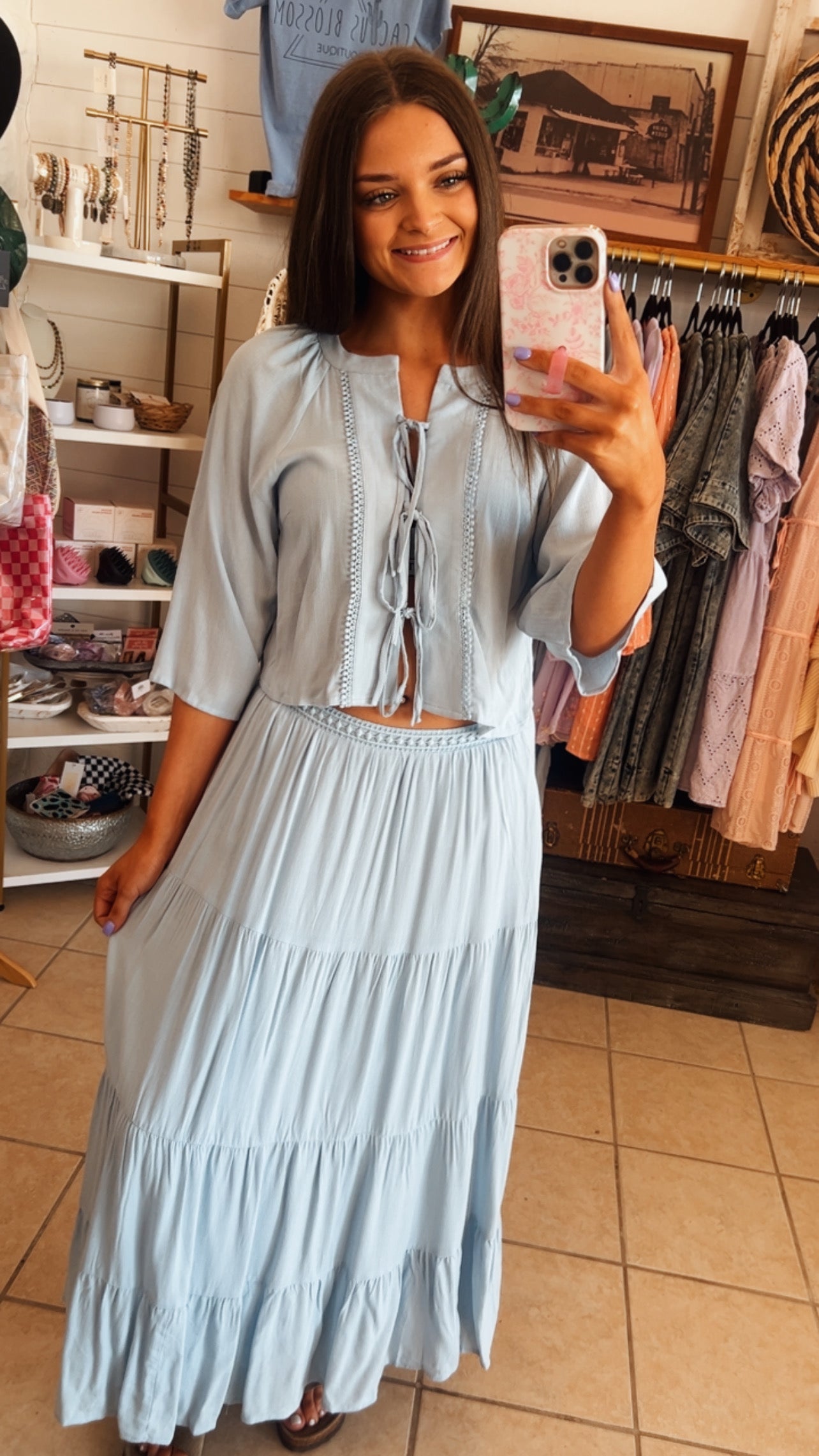 Tie Front Blouse & Tiered Maxi Skirt Set