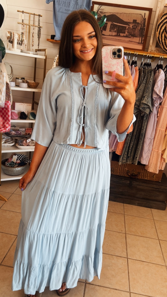 Tie Front Blouse & Tiered Maxi Skirt Set