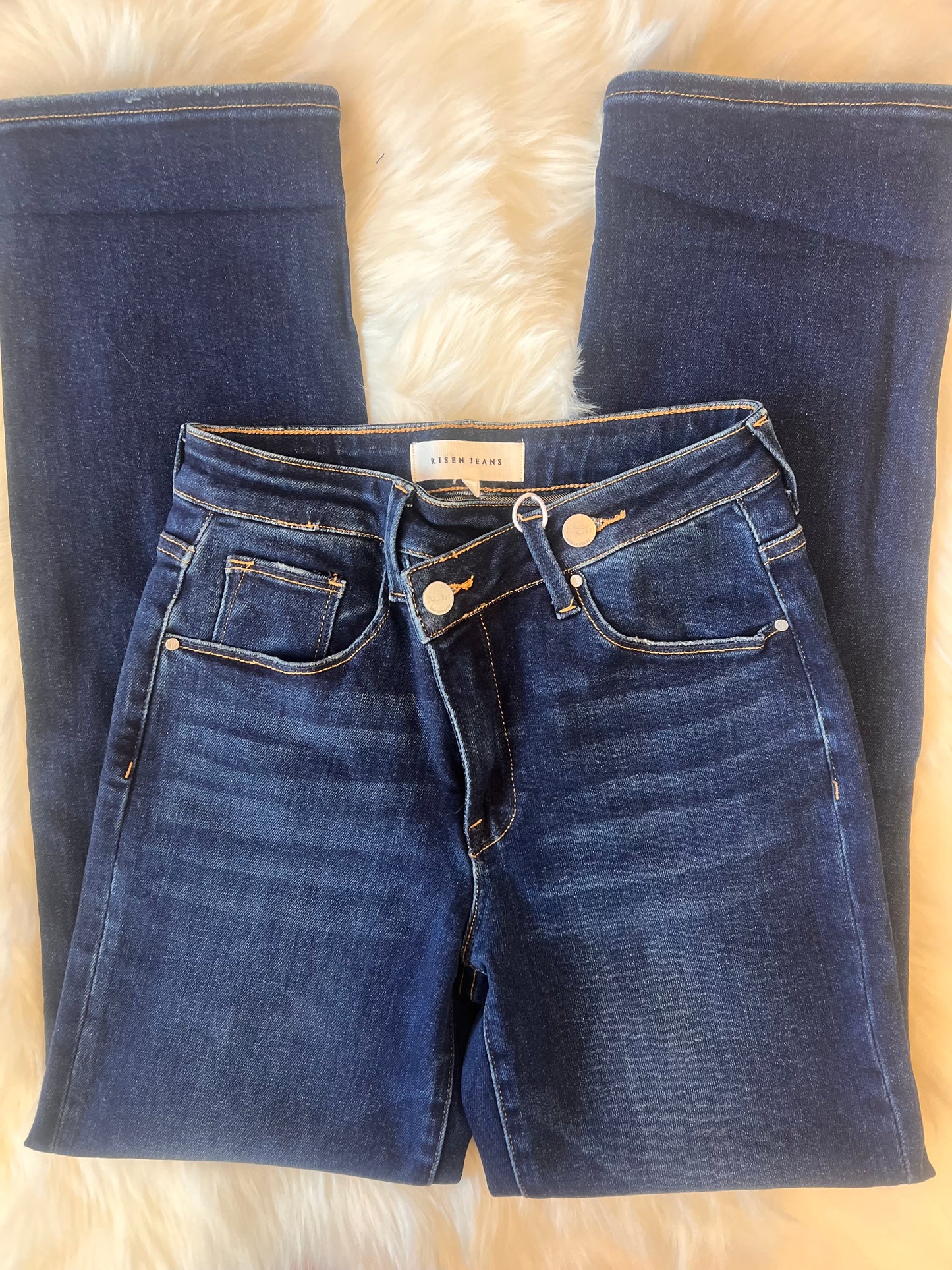 Risen High Rise Dark Cross Over Straight Leg Jeans