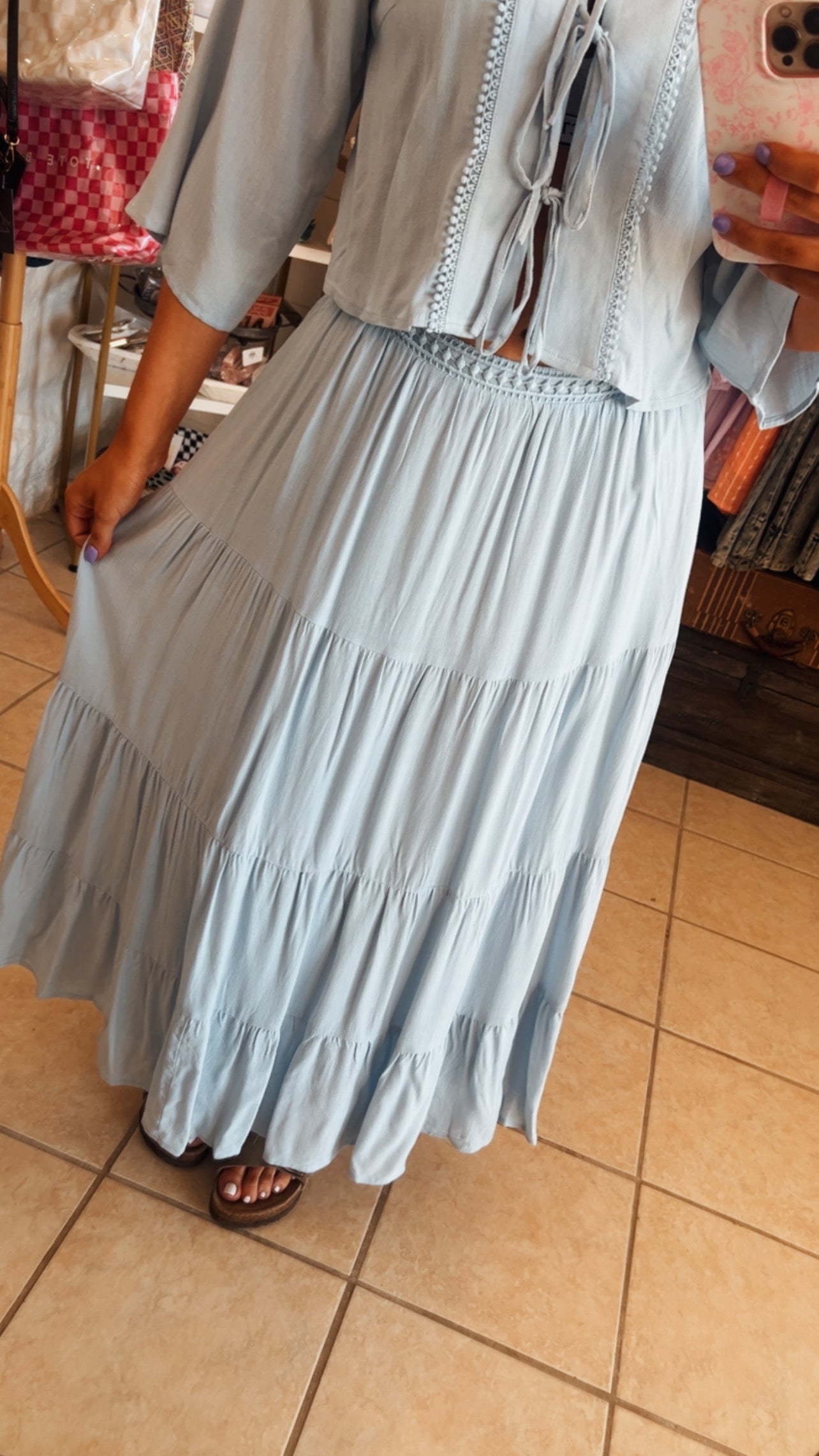 Tie Front Blouse & Tiered Maxi Skirt Set