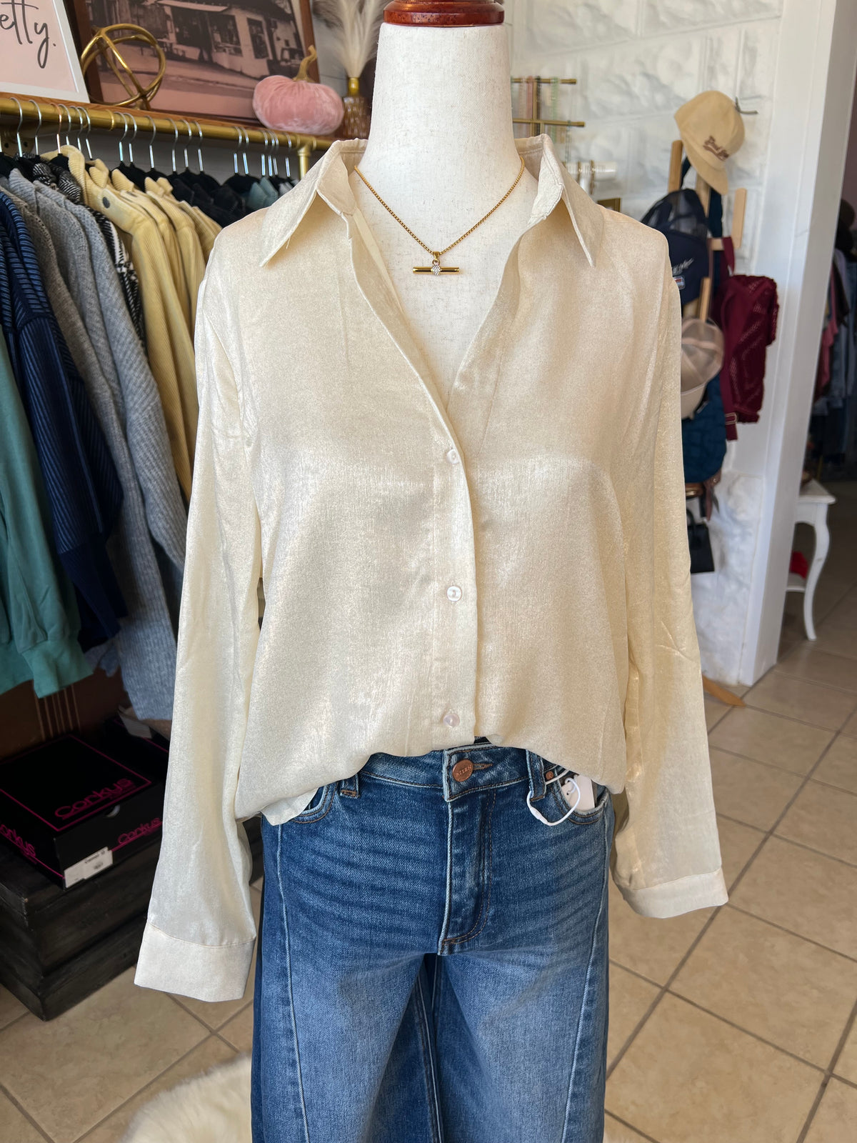 HYFVE Shimmer Button Down Blouse