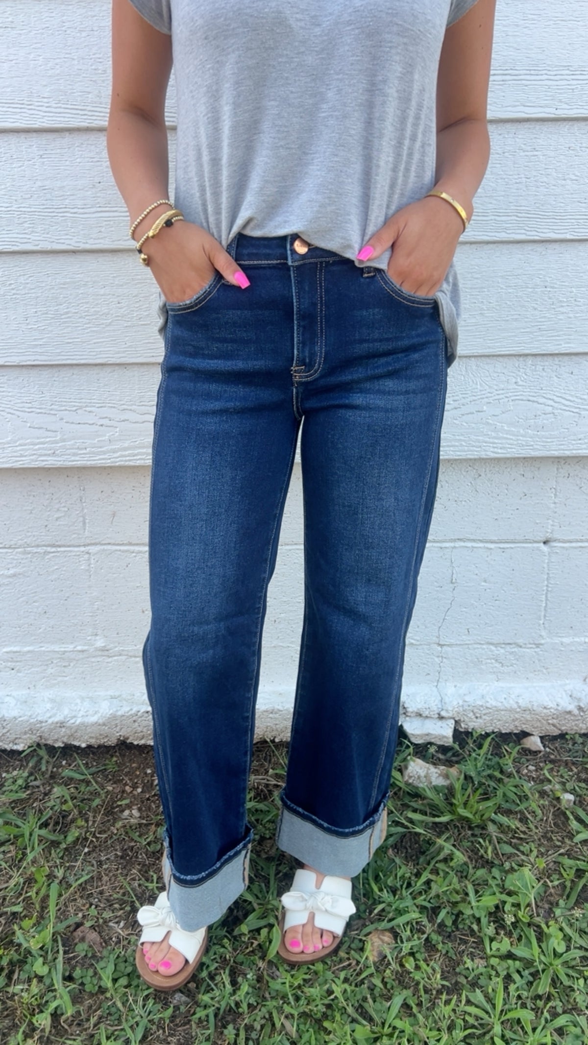 Mid Ankle Straight Jeans with Cuffed Hem