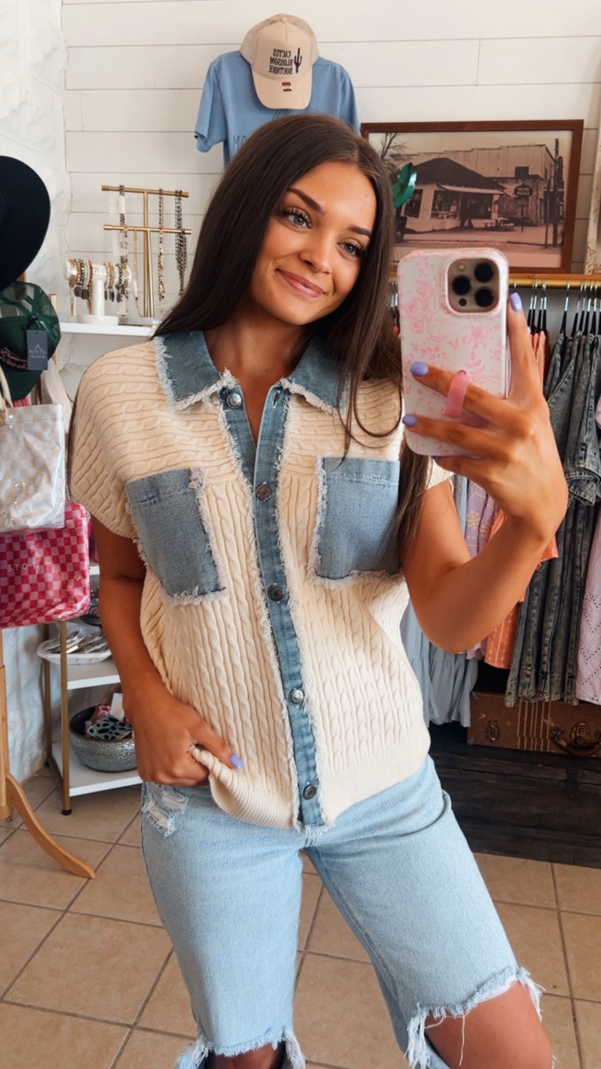 DENIM MIXED BUTTON DOWN CABLE SWEATER