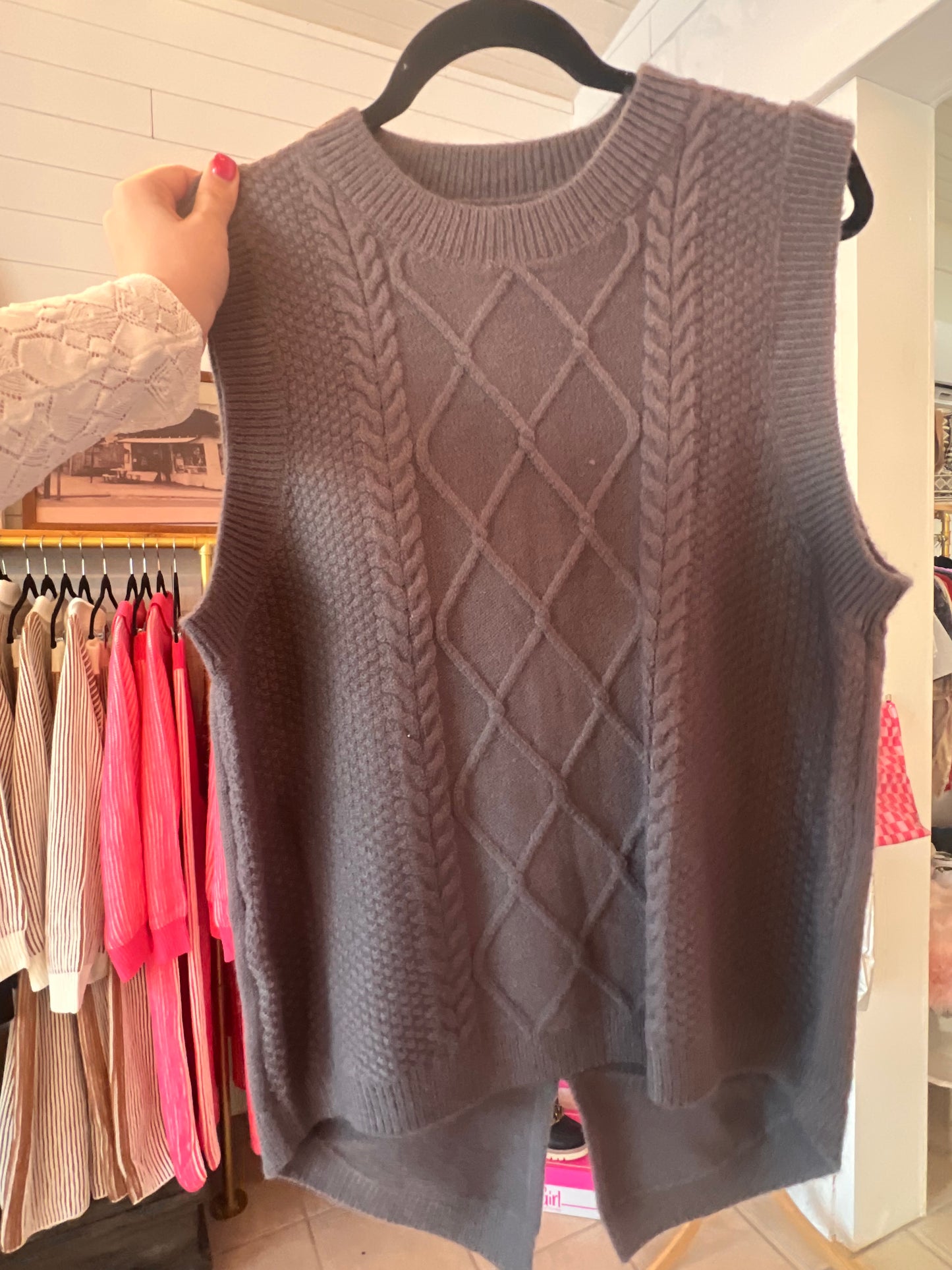Miss Sparkling Grey Cable Knit Slit Sweater Vest