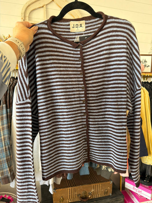 Stripe Raw Edge Button Down Longsleeve Cardigan