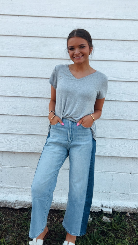 Two Tone Barrel Leg Crop Jean