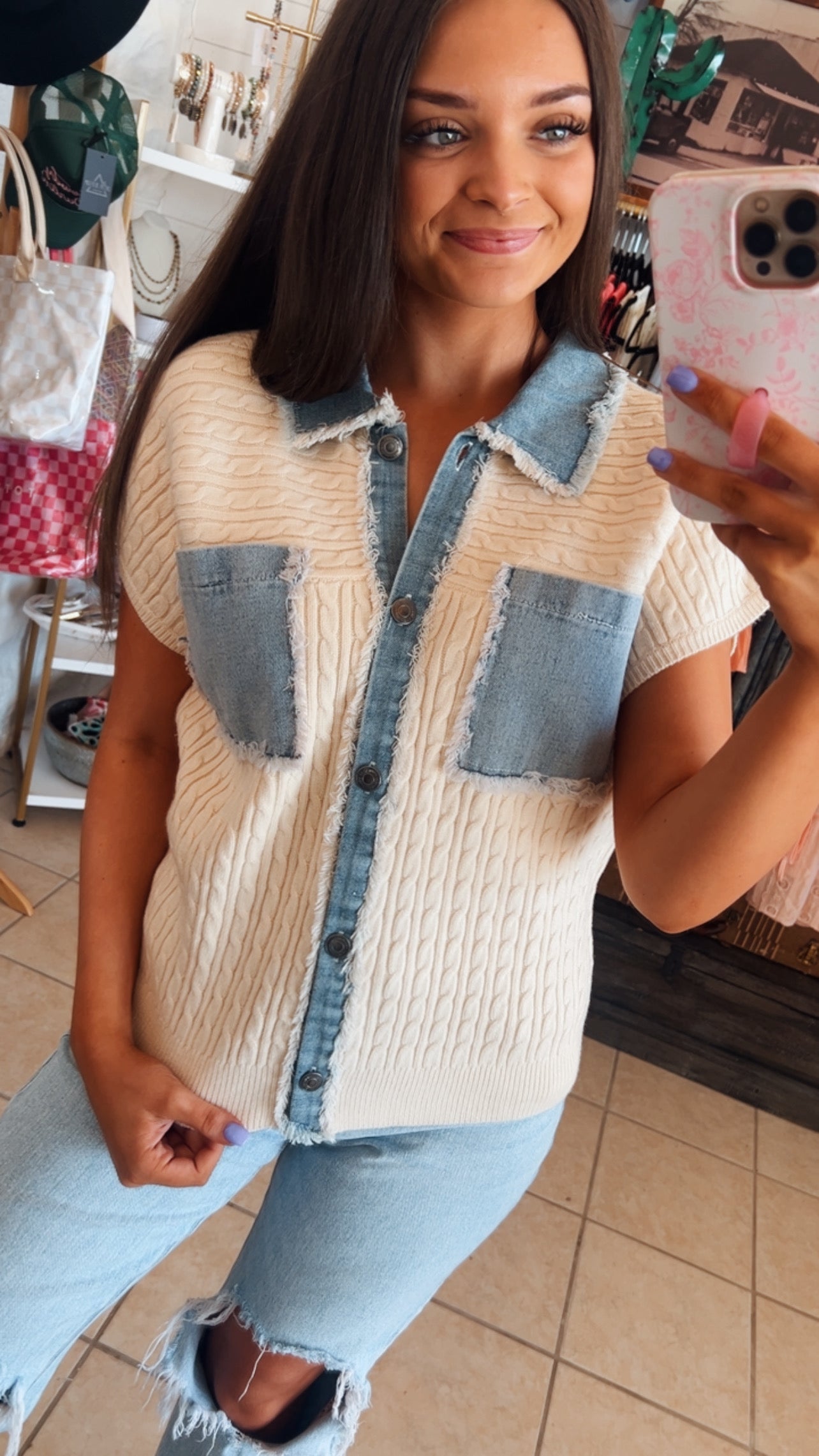 DENIM MIXED BUTTON DOWN CABLE SWEATER