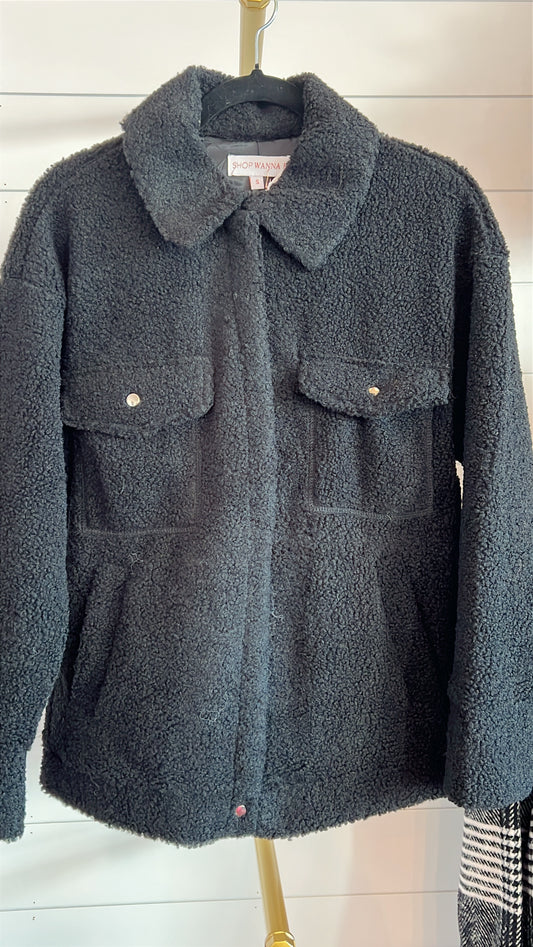 Oversize Black Fleece Jacket w Pockets/Snap Button