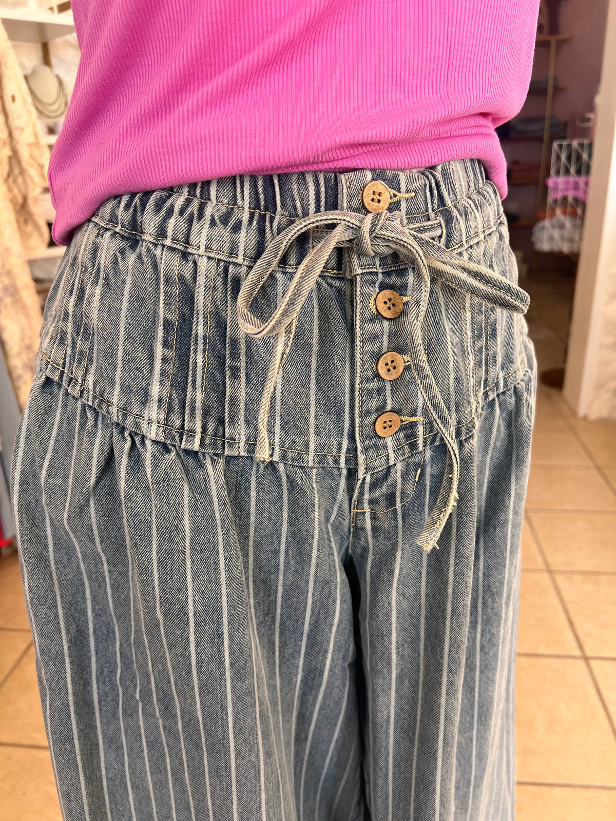 Striped Pintuck Wide Leg Denim