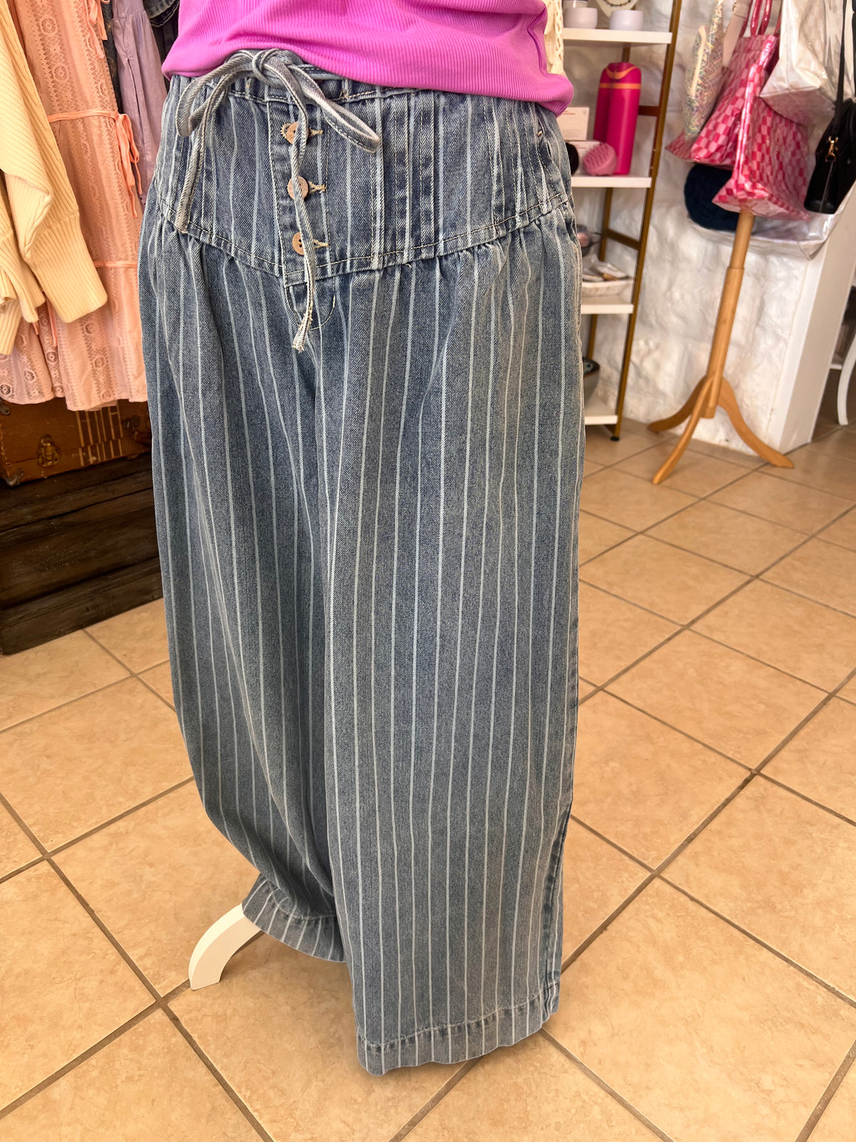 Striped Pintuck Wide Leg Denim