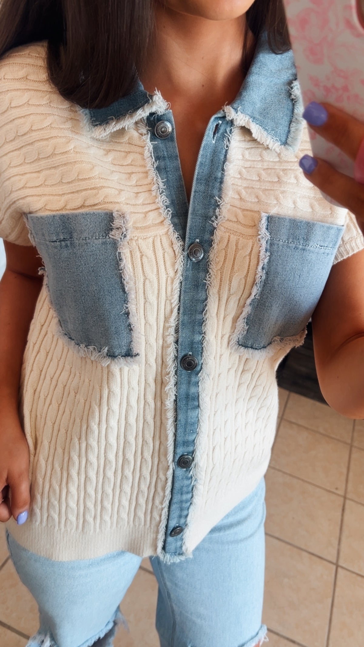 DENIM MIXED BUTTON DOWN CABLE SWEATER