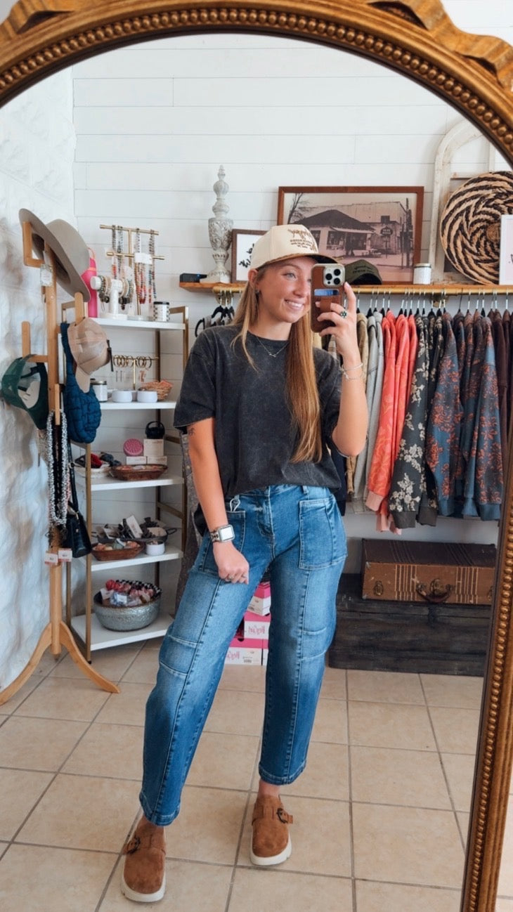 Slouchy Ankle Barrel Jeans with Patch Pockets