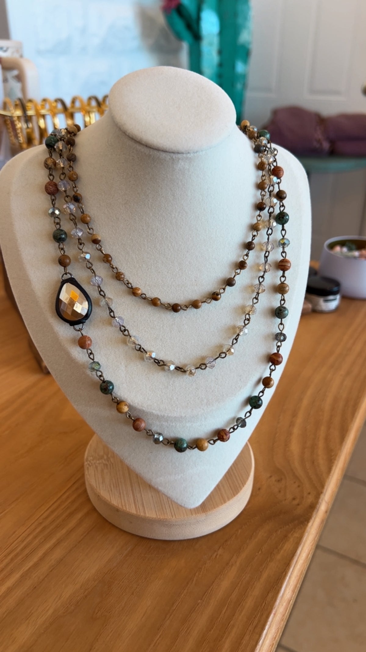 Triple Layered Mixed Glass Bead and Stone Necklace