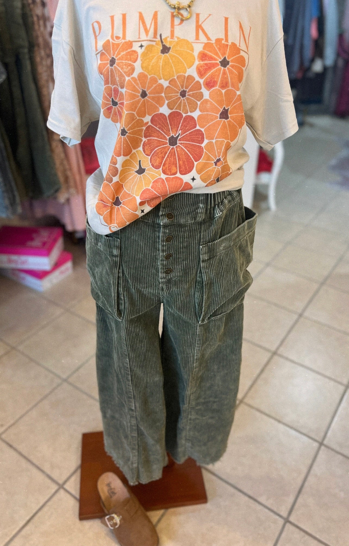 Cropped Fray Hem Corduroy Wide Pants