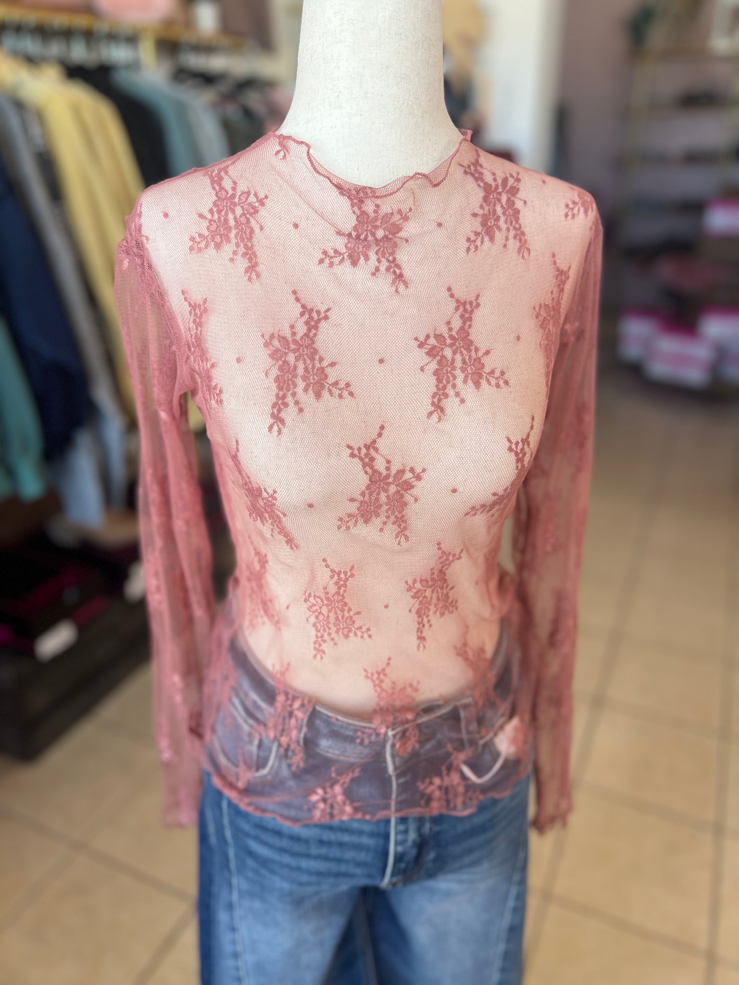 Easel Mauve Floral Mesh Mock Neck