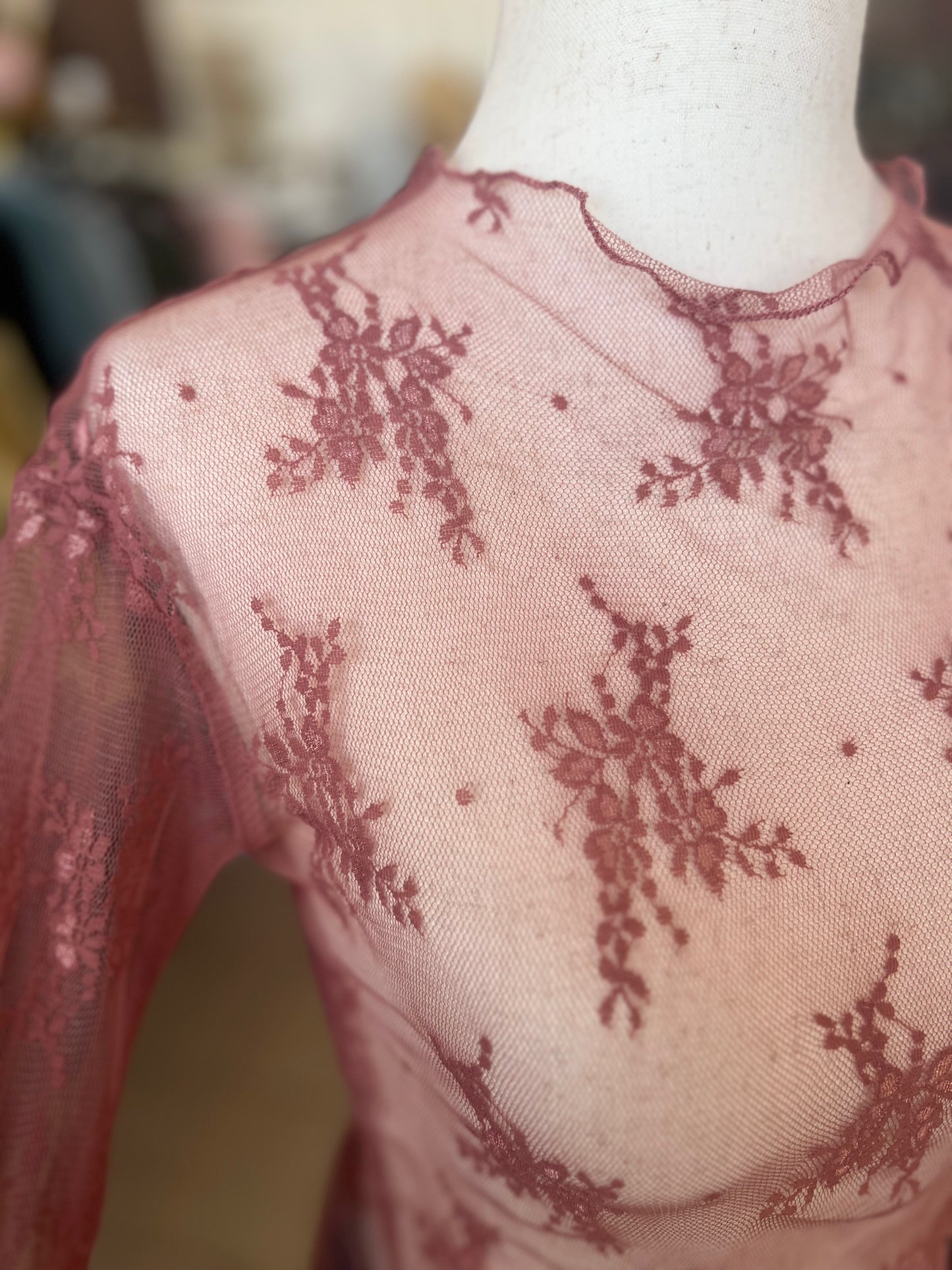 Easel Mauve Floral Mesh Mock Neck