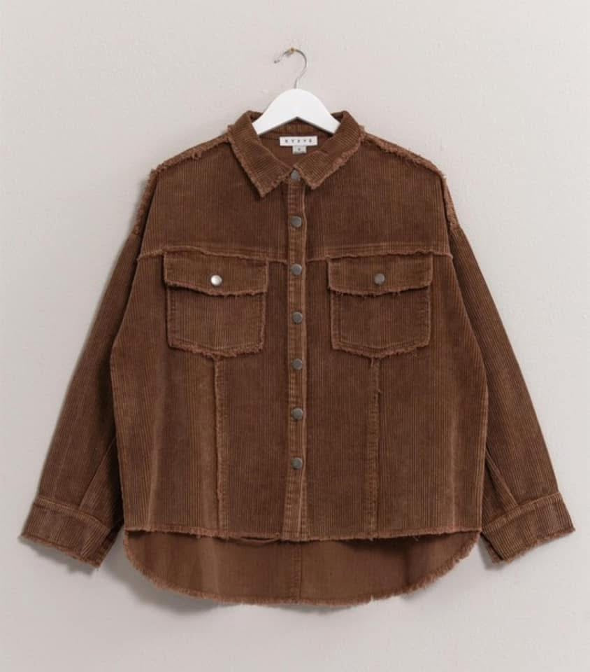 HYFVE Washed Brown Corduroy Frayed Shacket