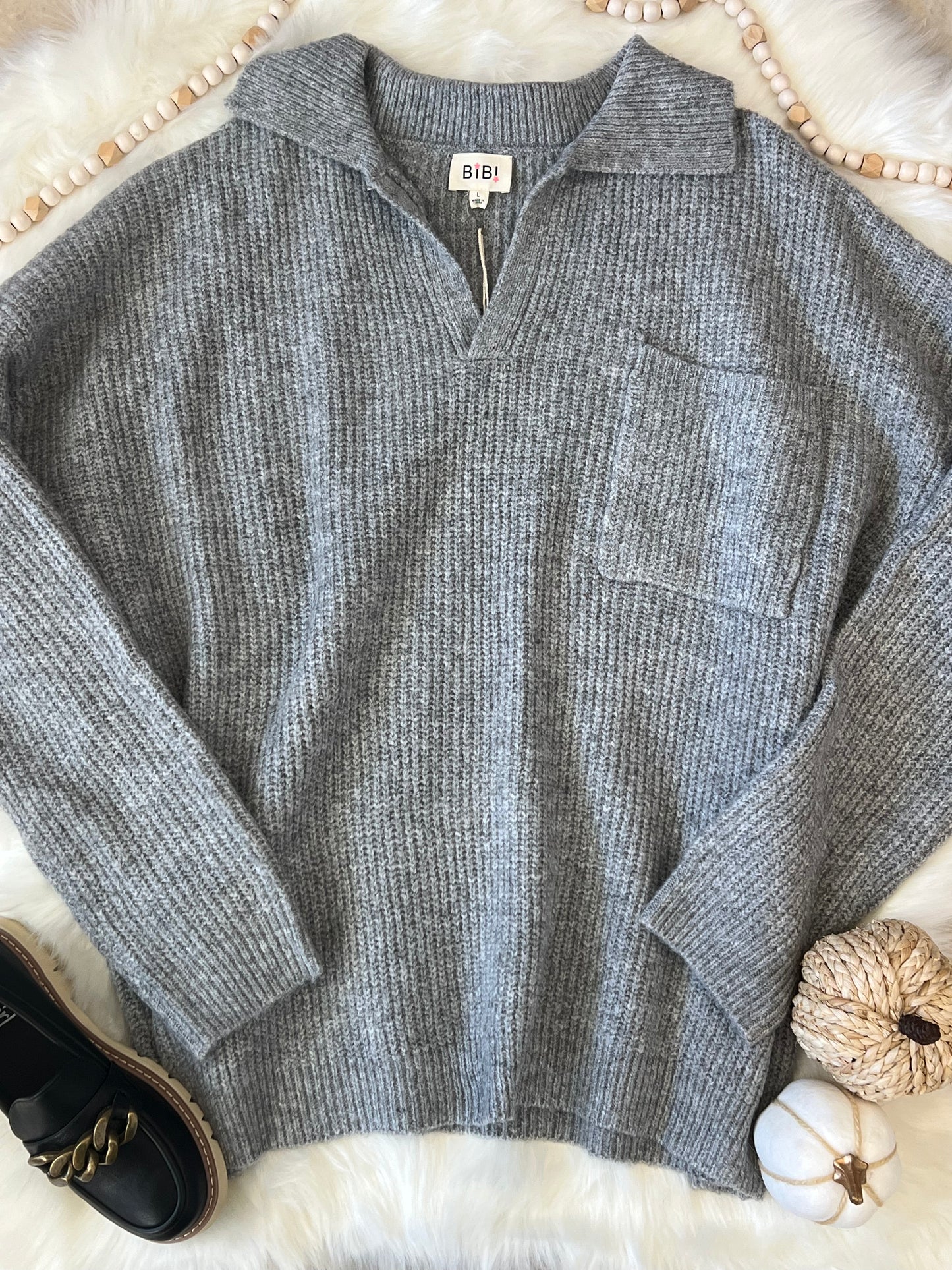 BiBi Sweater Knit Collar Top with Front Pocket