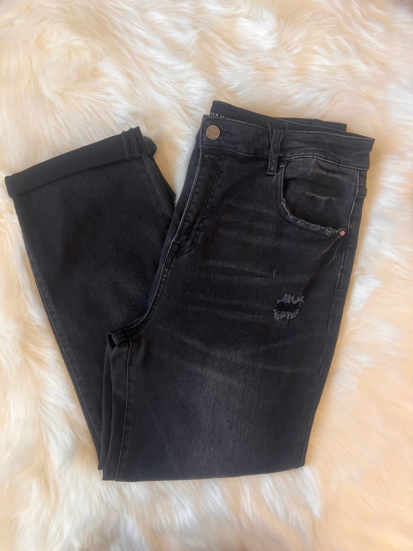 Risen Distressed Boyfriend Black Jeans w Roll Up Hem