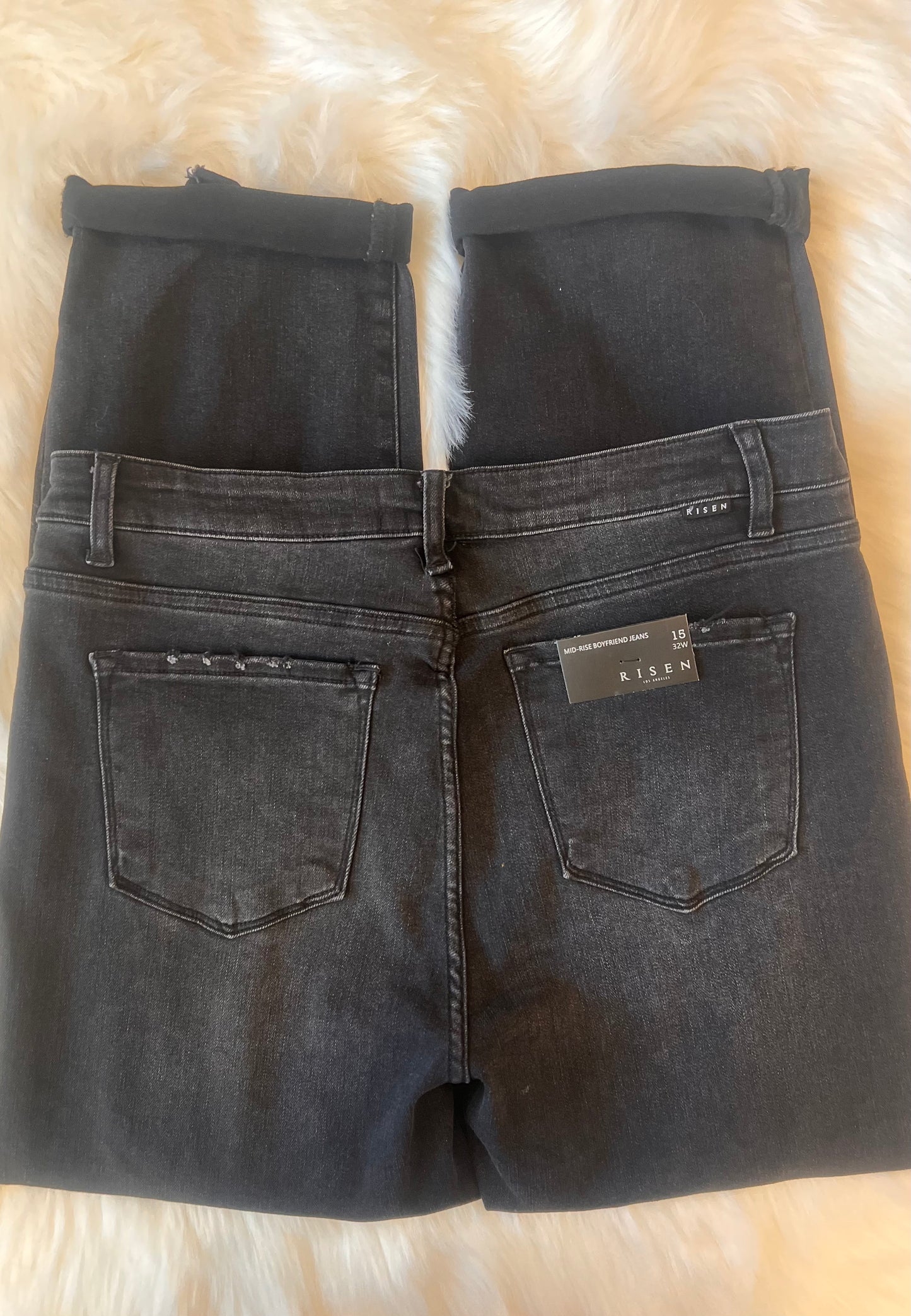 Risen Distressed Boyfriend Black Jeans w Roll Up Hem