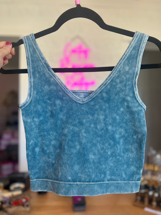 Zenana 2 Way Neckline Washed Ribbed Crop Tank Top