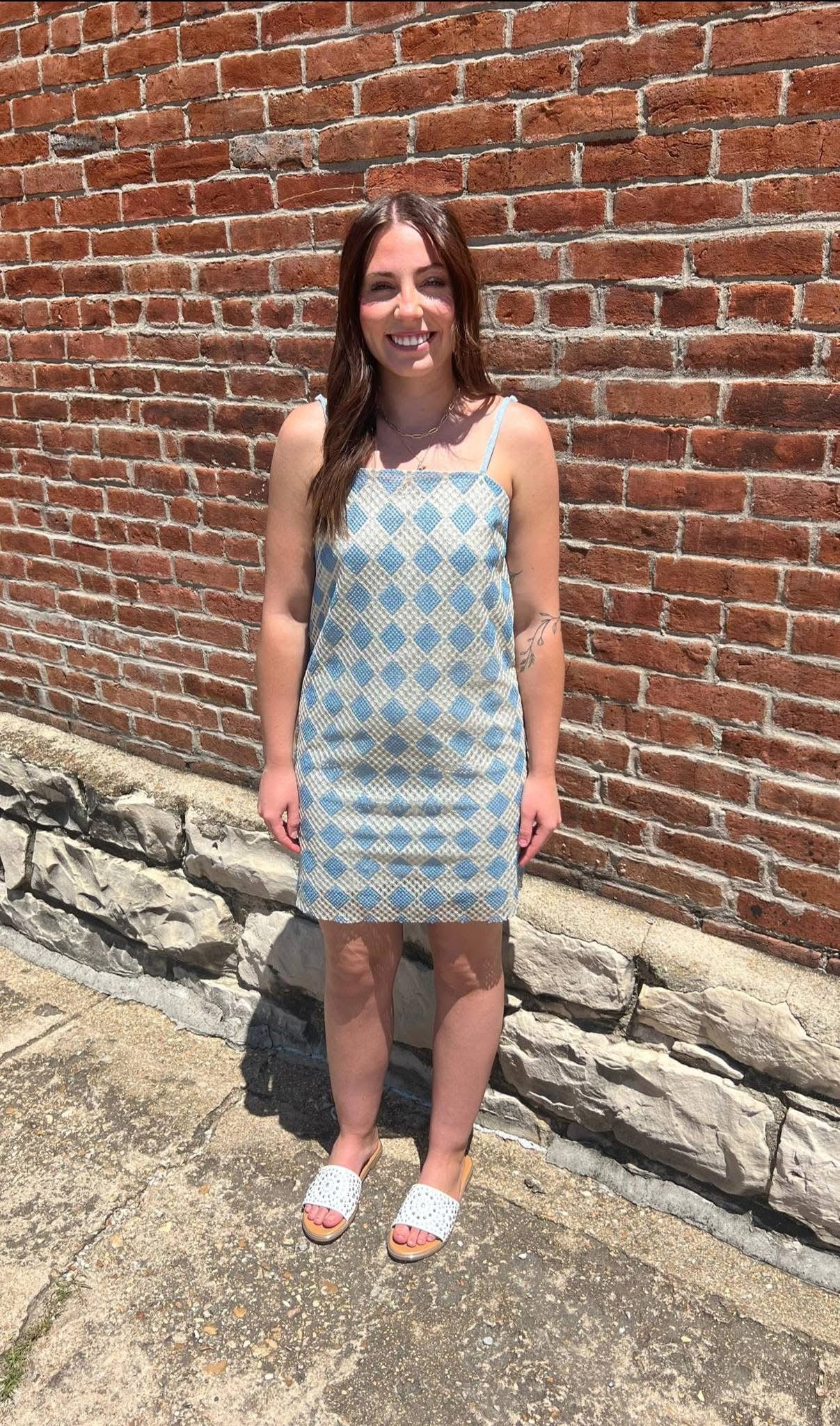 Very J Blue Checkered Print Summer Dress