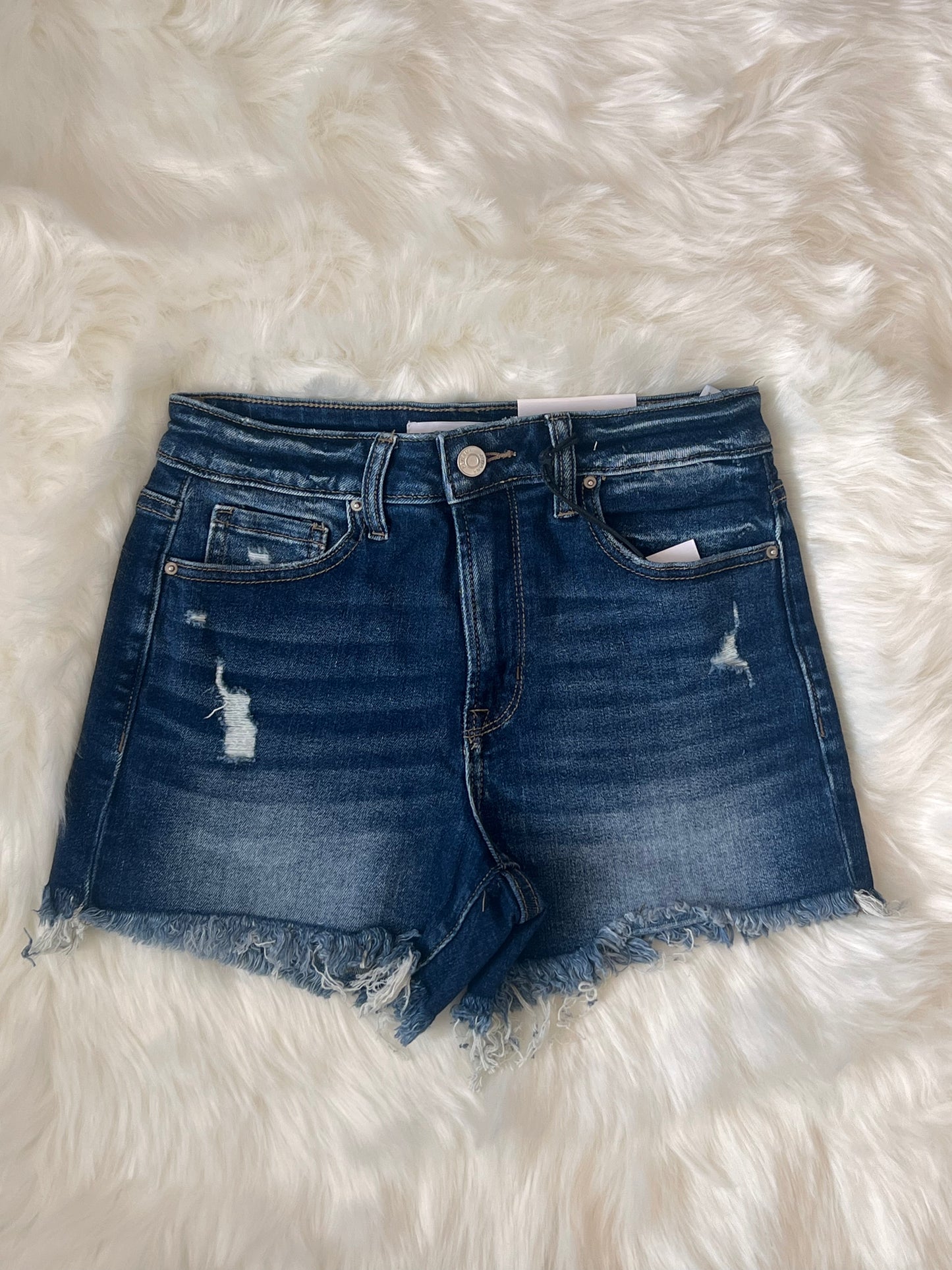 Frayed Hem Denim Shorts-Dark