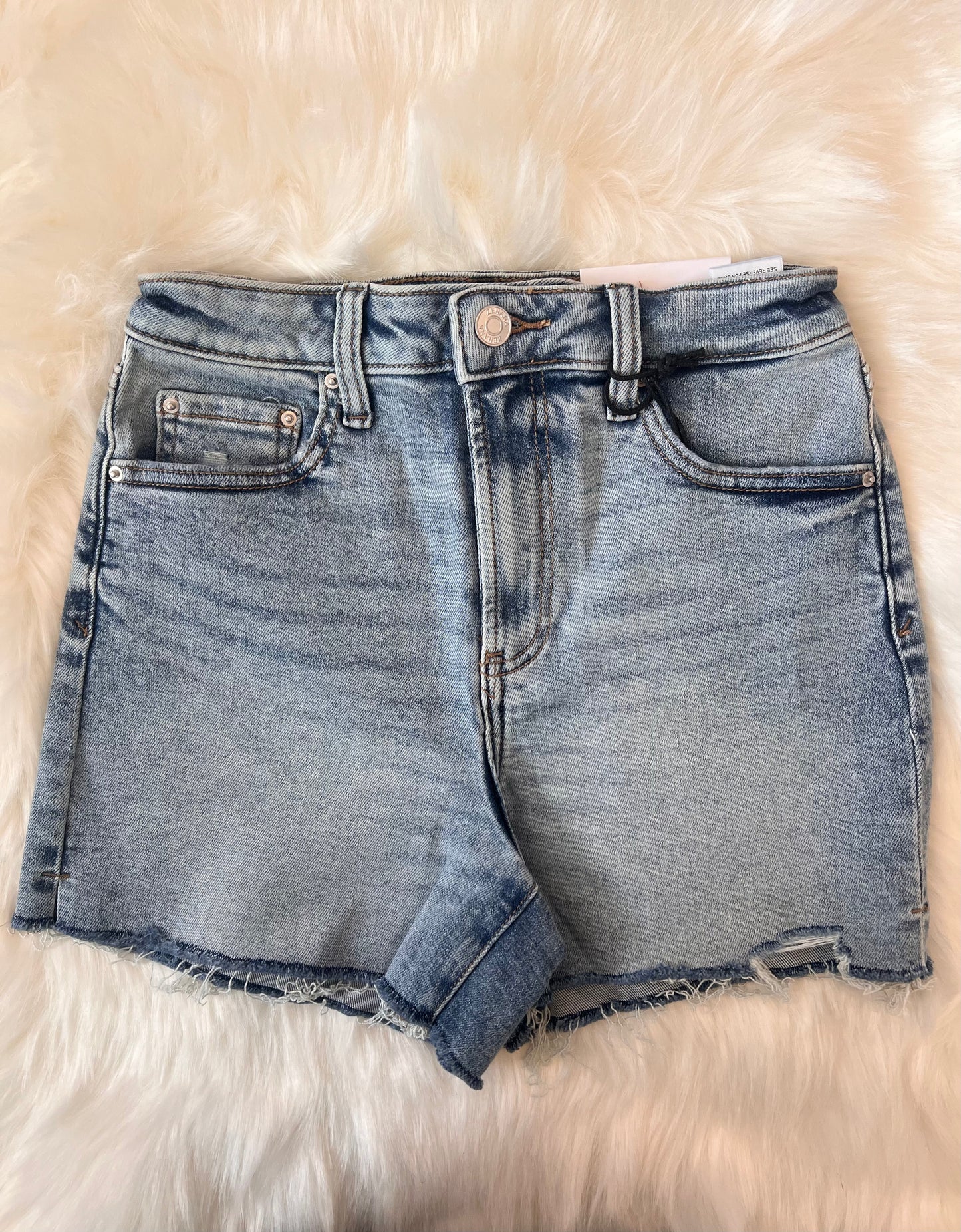 Distressed Hem Denim Shorts-Medium Wash