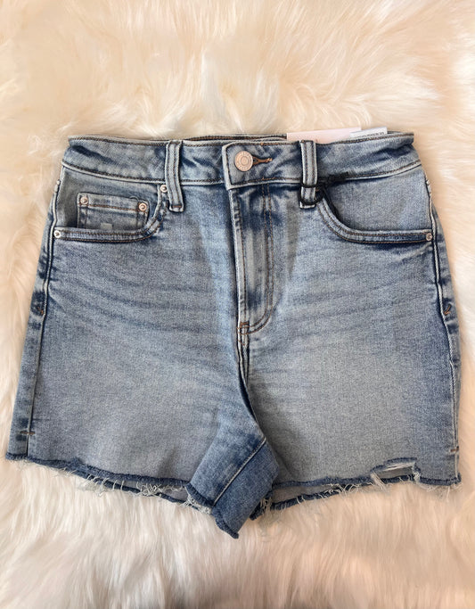Distressed Hem Denim Shorts-Medium Wash