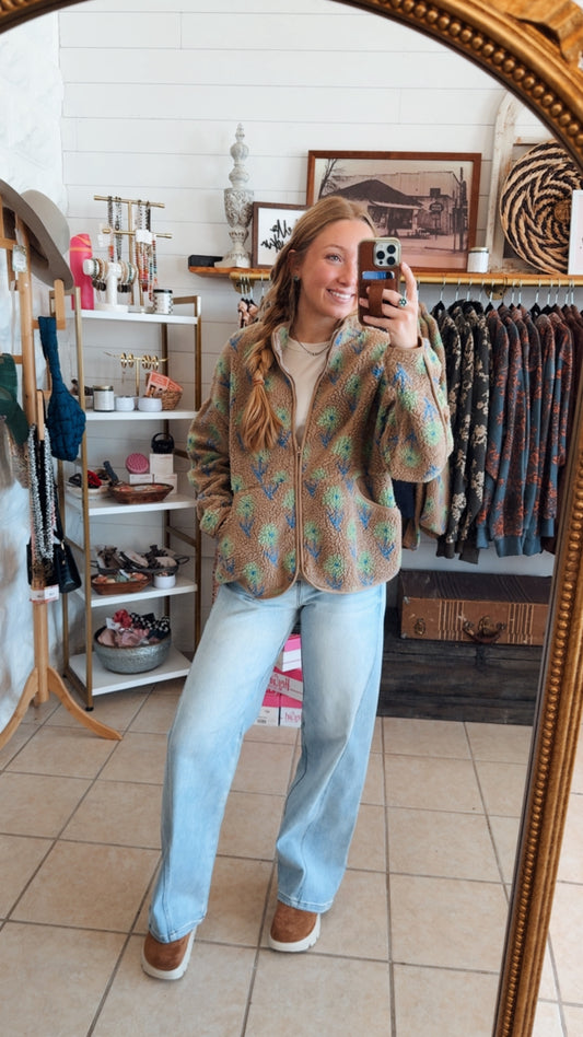 Oversized Floral Print Fleece Sherpa Jacket